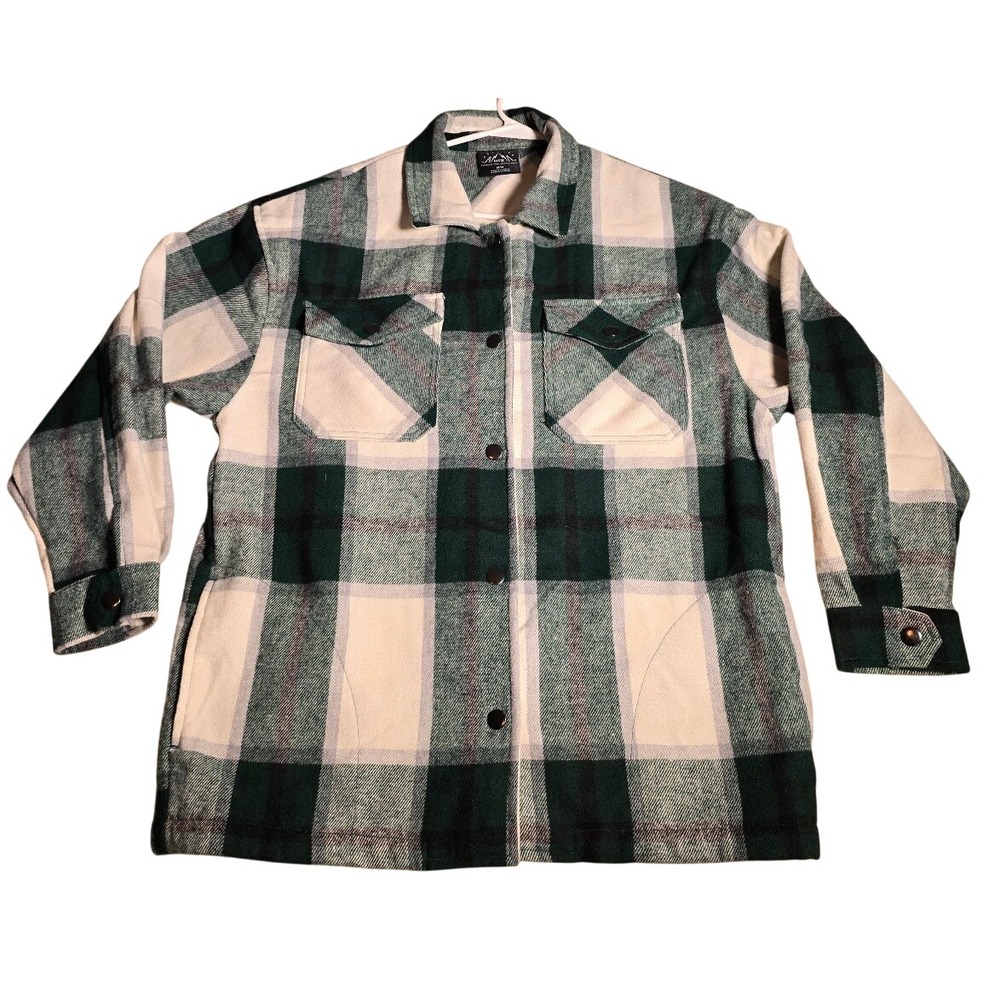 HFX Mens Green Cream Plaid Flannel Shirt Jacket Snap Front Shacket Size Medium